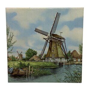 Vtg Mosa Holland Ceramic Tile Art Windmill Landscape Painting S.C. Huijbrecht 6”